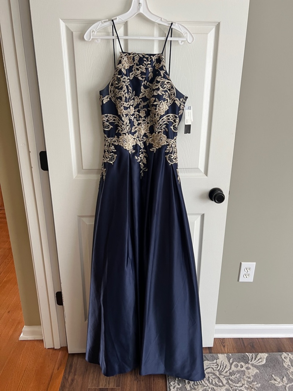 Navy Formal Gown Prom Dress with Gold Lace Bodice
